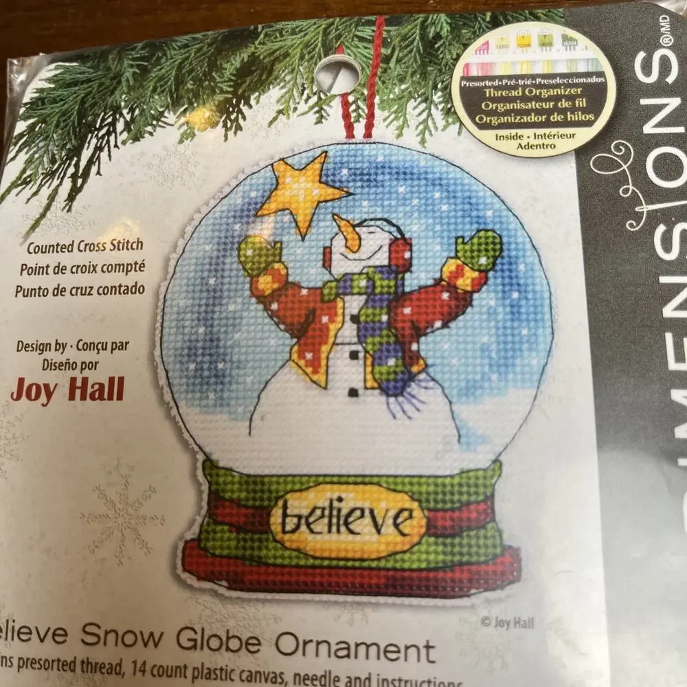 2013 Dimensions “Believe Snow Globe Ornament” Cross Stitch Kit Snowman Christmas